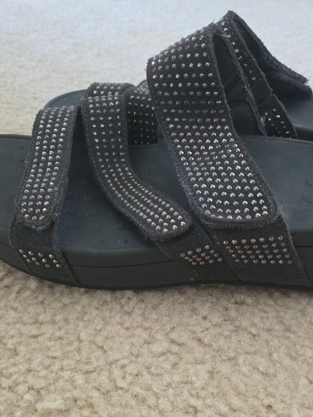 Dark Gray Rhinestone Three-Strap Slide Sandals
